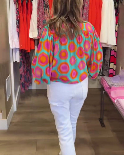 Buntes geometrisches Druckhemd mit Stehkragen