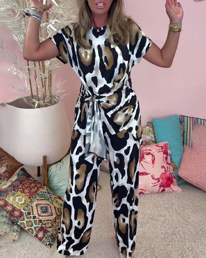 Leopard-Print Schnürung lässiges Zweiteiler-Set