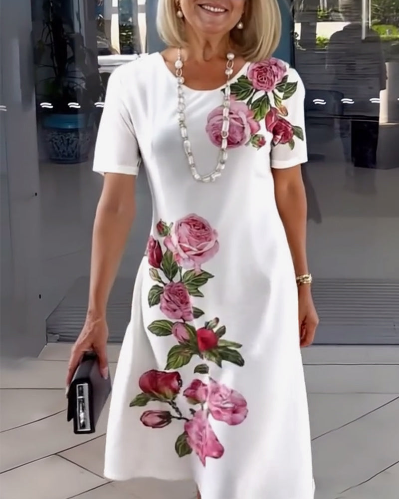 Kurzärmliges Shiftkleid mit Rosenmuster