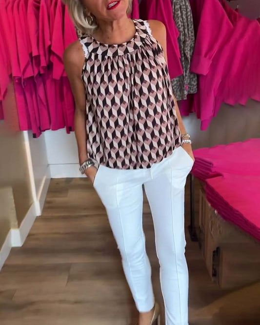 Ärmelloses Crew-Neck-Casual-Top mit Diamantdruck