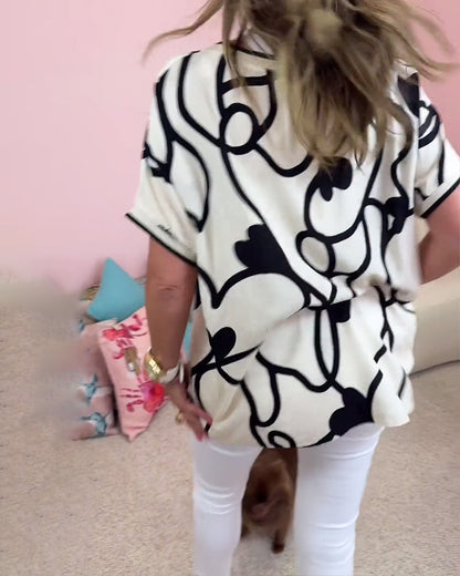 Kontrastdruck V-Ausschnitt Kurzarm Freizeitoberteil