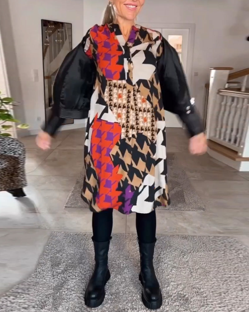 Bedrucktes V-Ausschnitt Langarmkleid