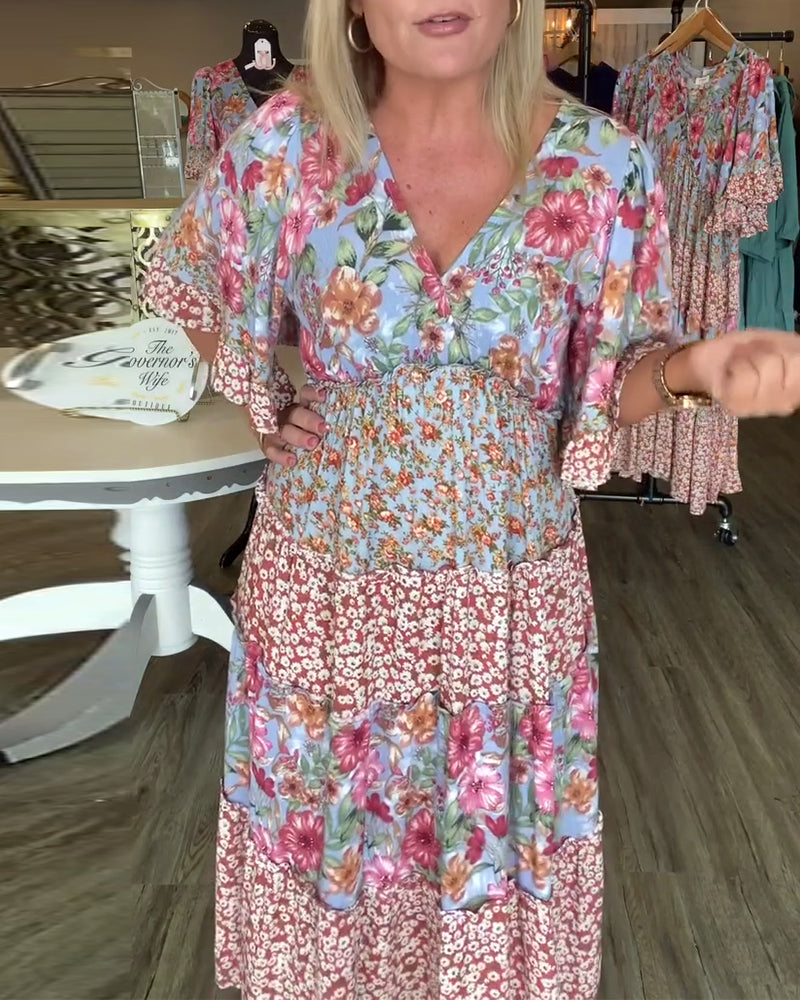 V-Ausschnitt Lotus Ärmel Blumen Kleid