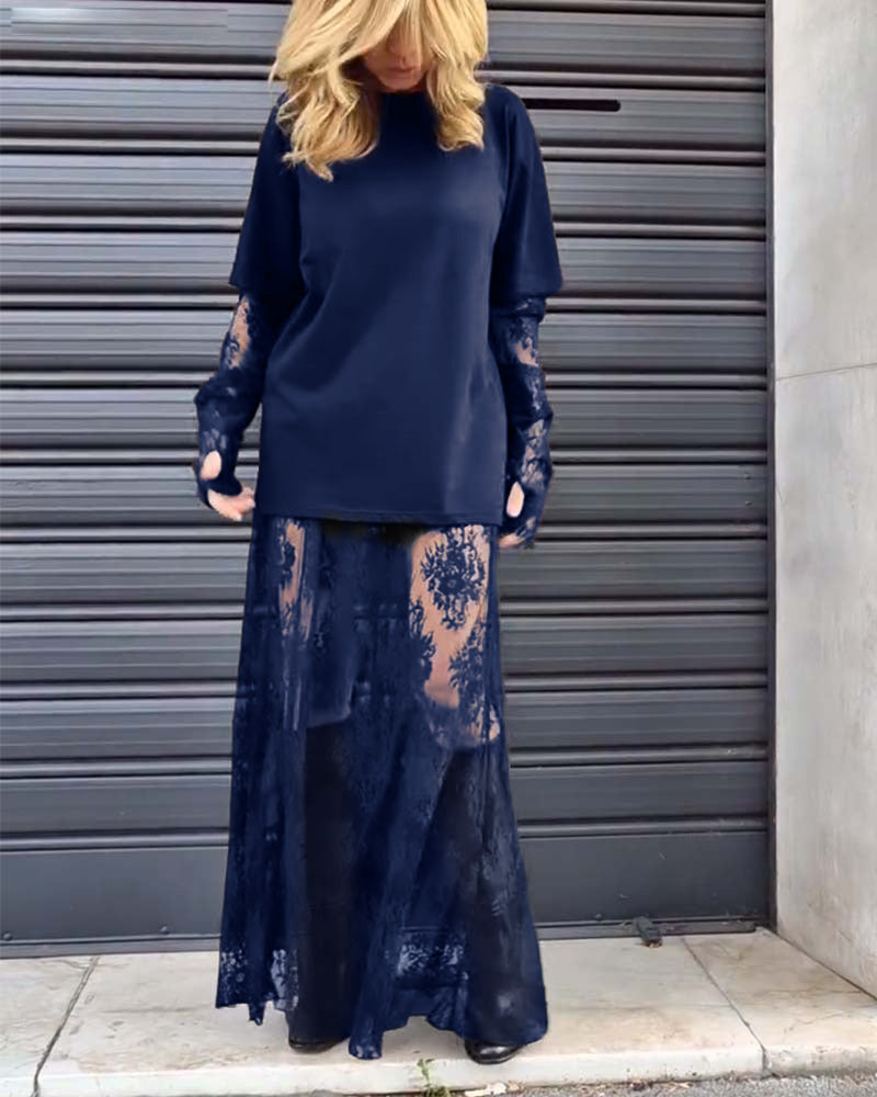 Zweiteiliges Set - einfarbiges T-Shirt und Spitzenrock