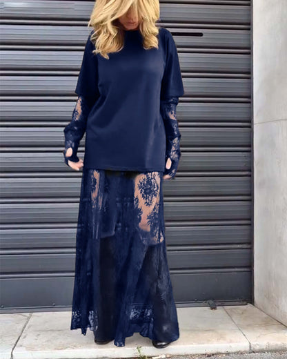 Zweiteiliges Set - einfarbiges T-Shirt und Spitzenrock