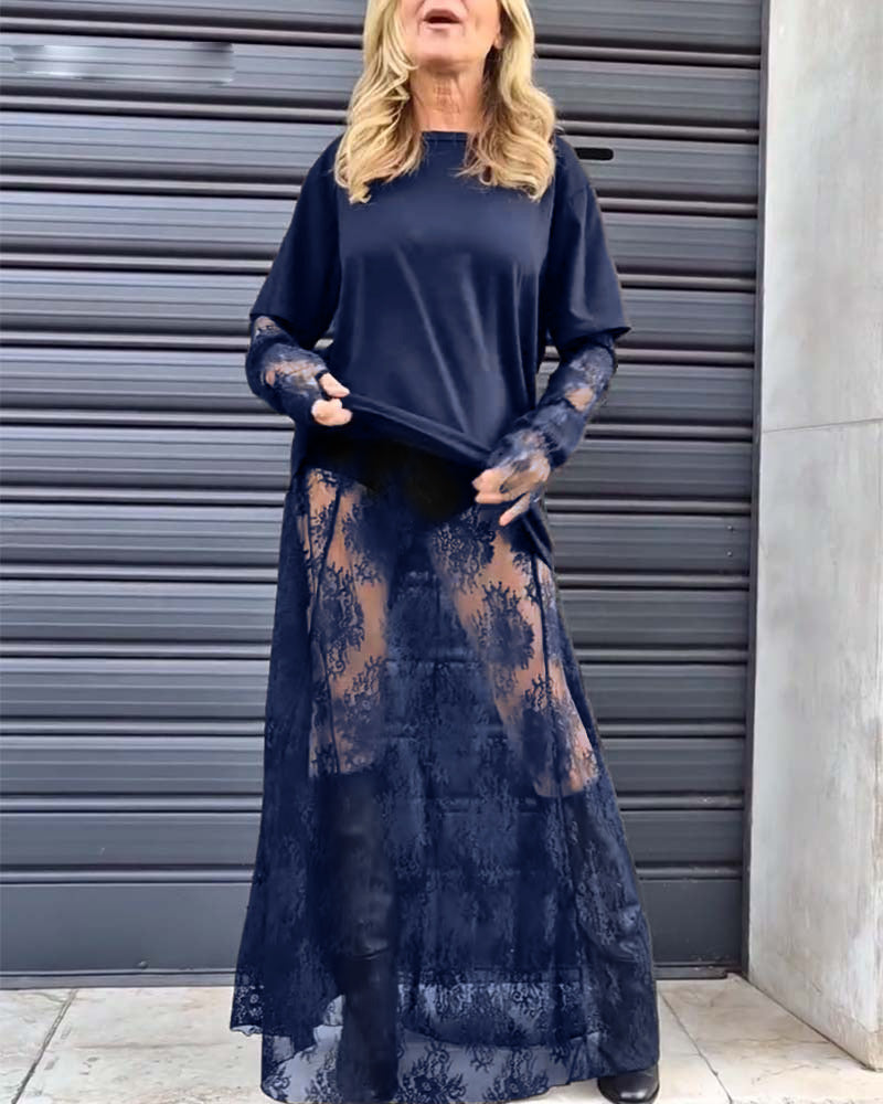 Zweiteiliges Set - einfarbiges T-Shirt und Spitzenrock