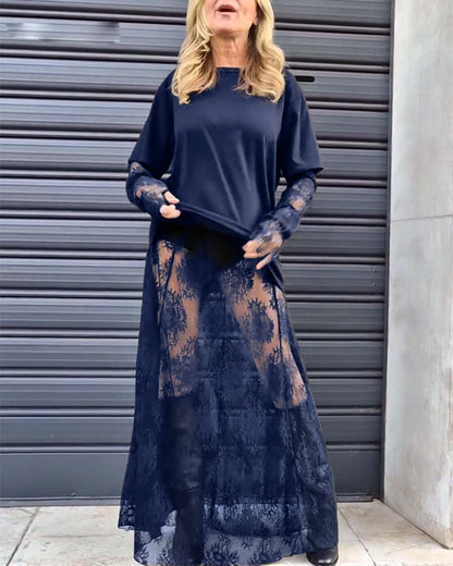 Zweiteiliges Set - einfarbiges T-Shirt und Spitzenrock