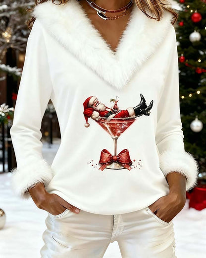 Plüsch Weihnachtsdruck Langarmshirt