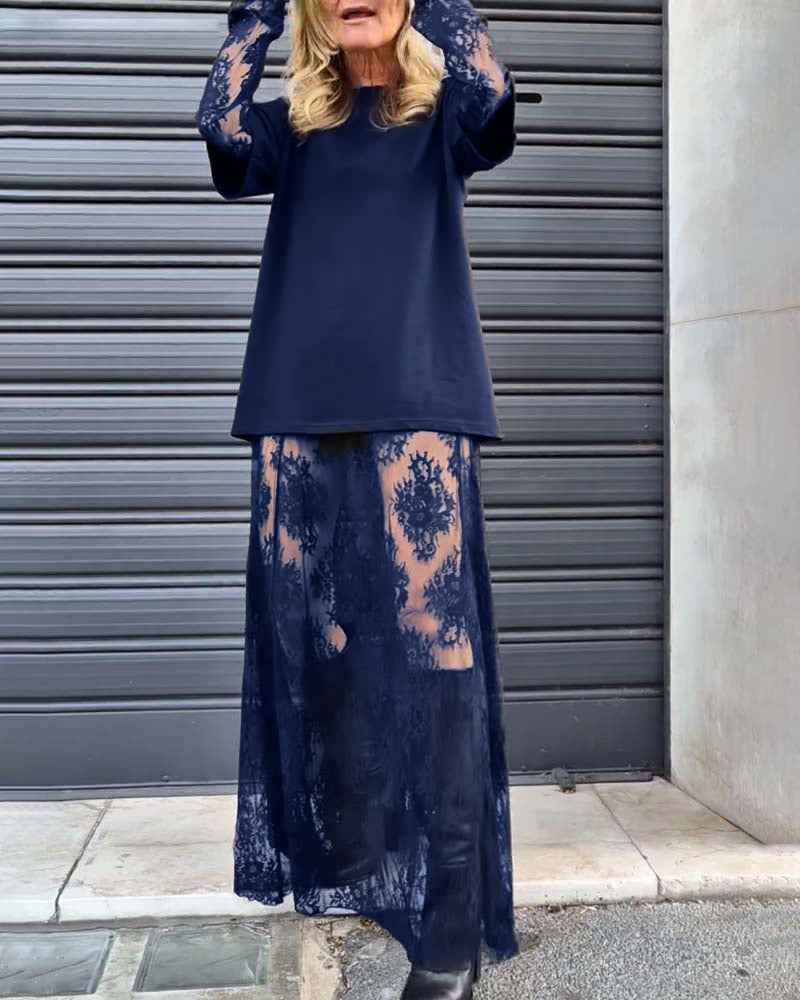 Zweiteiliges Set - einfarbiges T-Shirt und Spitzenrock