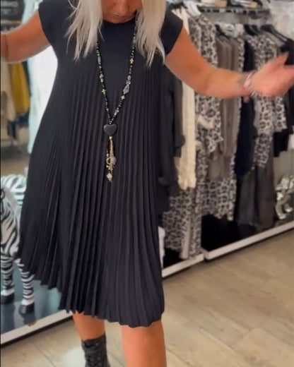 Rundhals einfarbig plissiertes Freizeitkleid