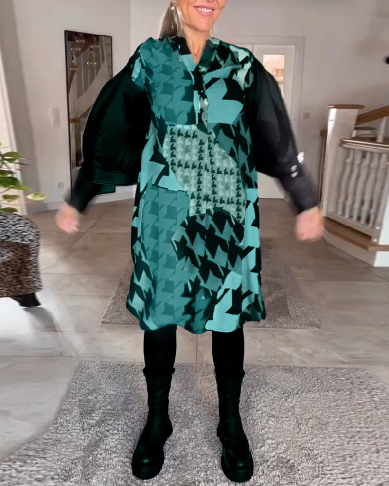 Bedrucktes V-Ausschnitt Langarmkleid