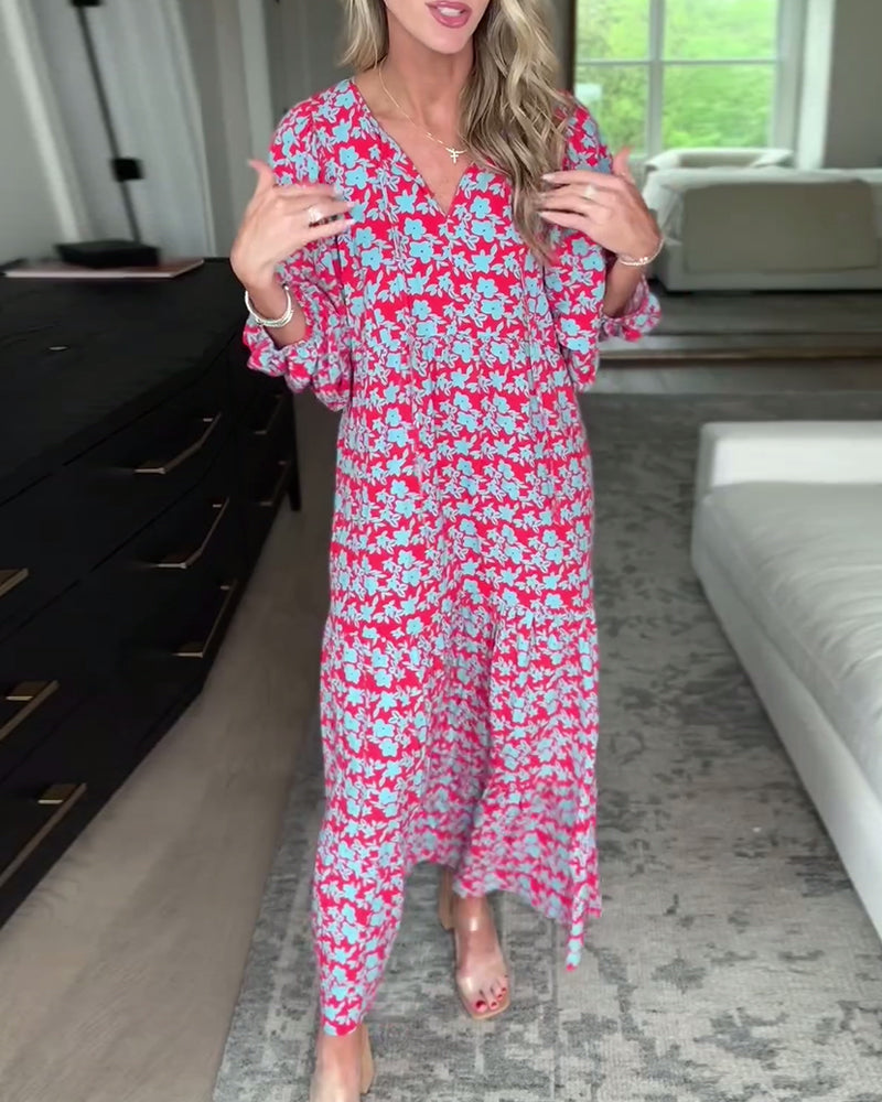 V-Ausschnitt Laternenärmel Blumenlanges Kleid