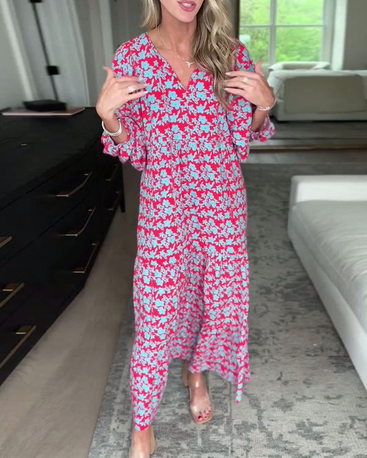 V-Ausschnitt Laternenärmel Blumenlanges Kleid