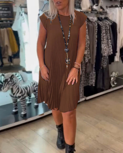 Rundhals einfarbig plissiertes Freizeitkleid