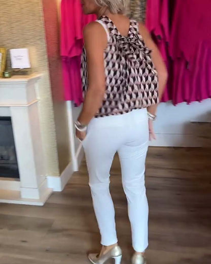 Ärmelloses Crew-Neck-Casual-Top mit Diamantdruck