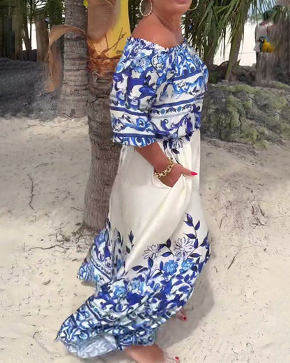 Off-Shoulder Gedrucktes Resort Kleid