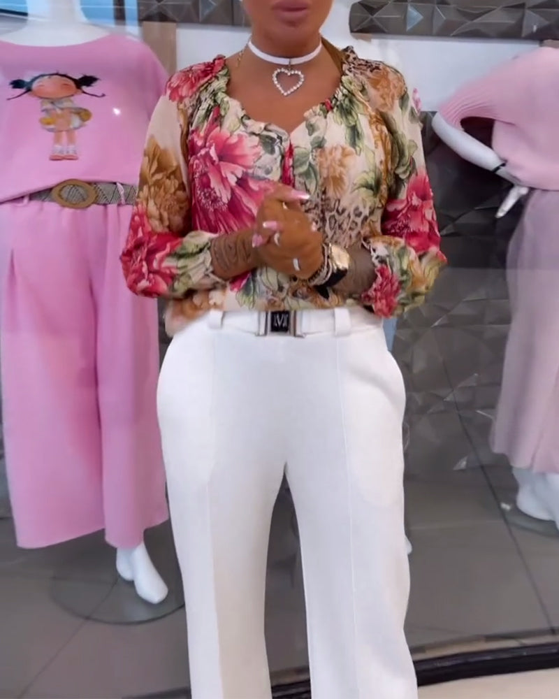 V-Ausschnitt Blumenmuster Bluse