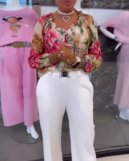 V-Ausschnitt Blumenmuster Bluse