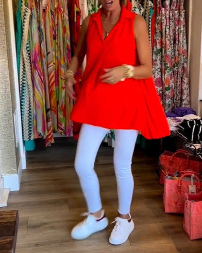 Ärmelloses Top mit Revers und Raffung