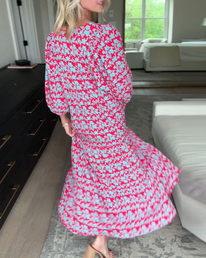 V-Ausschnitt Laternenärmel Blumenlanges Kleid