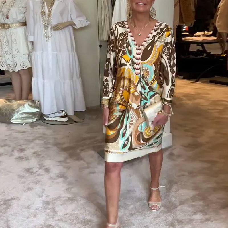 Retro-Druck V-Ausschnitt Freizeitkleid