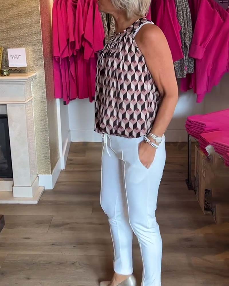 Ärmelloses Crew-Neck-Casual-Top mit Diamantdruck