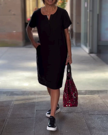 Einfarbiges V-Ausschnitt Kurzarm Kleid mit Tasche