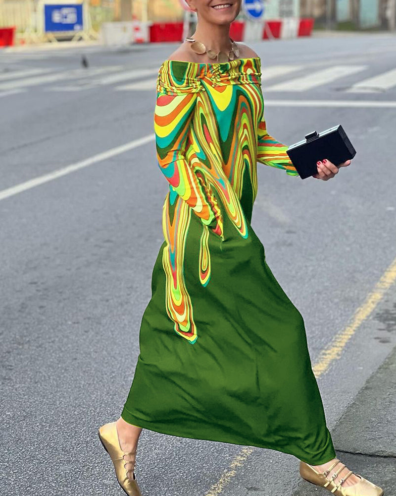 Langärmliges, elegantes Maxikleid mit schulterfreiem Schnitt