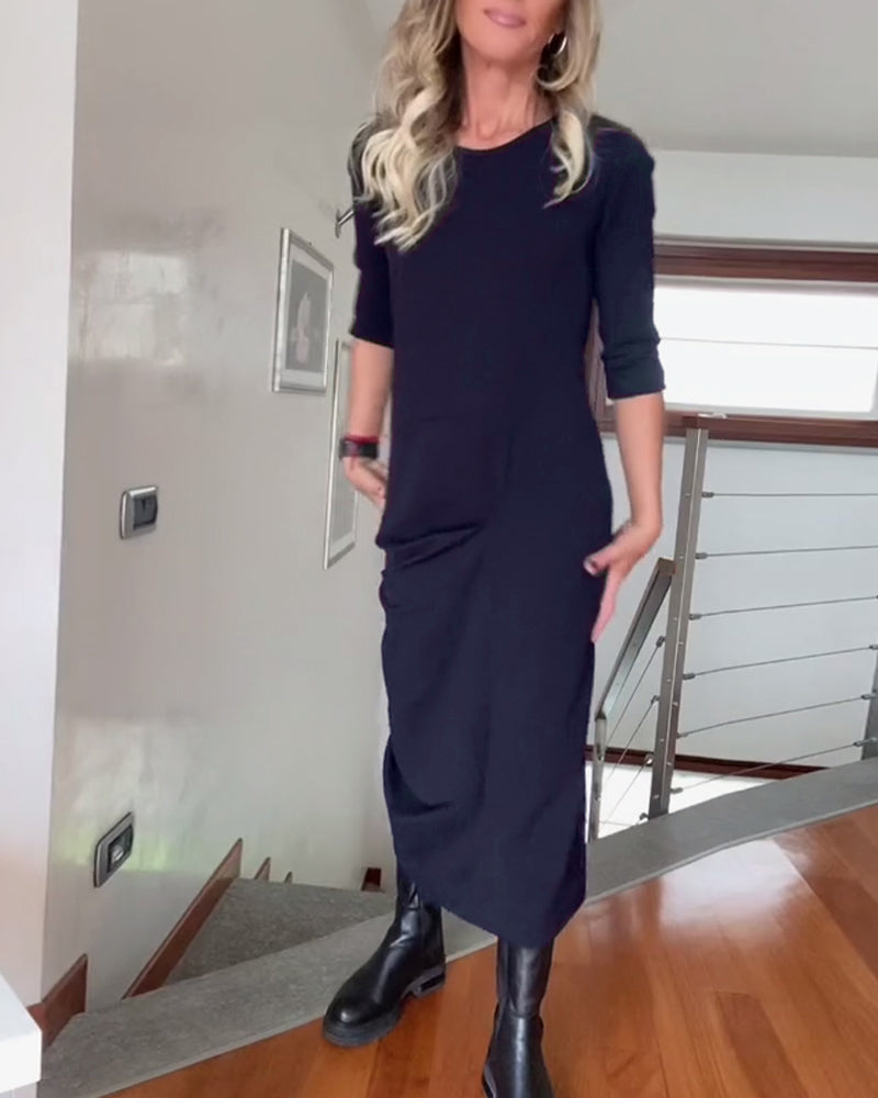 Rundhals gefaltetes einfarbiges elegantes Kleid