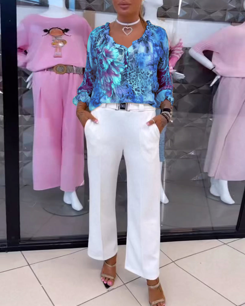 V-Ausschnitt Blumenmuster Bluse