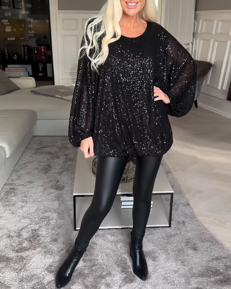 Ballonärmel Rundhals Pailletten-Top
