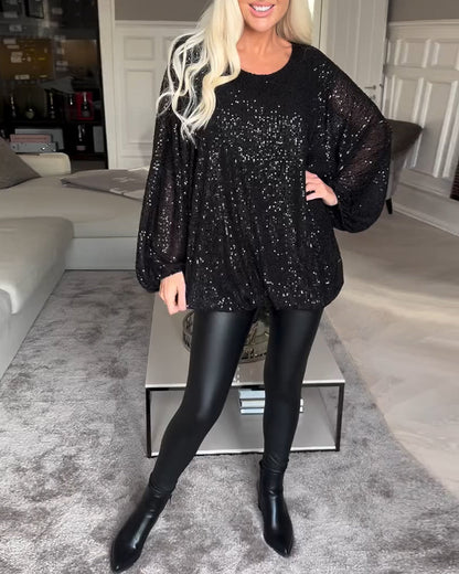 Ballonärmel Rundhals Pailletten-Top