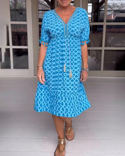 Bedrucktes V-Ausschnitt-Fransen-Kleid