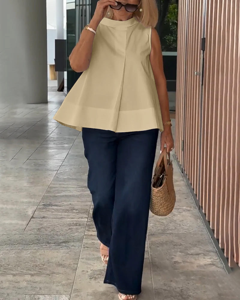 Ärmellose Unifarbene Einfache Bluse