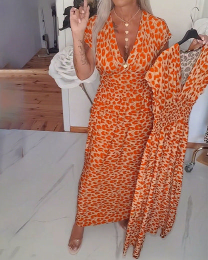 Elegantes Leopard-Print V-Ausschnitt Kleid