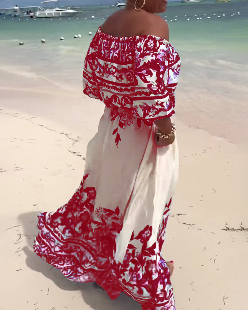 Off-Shoulder Gedrucktes Resort Kleid