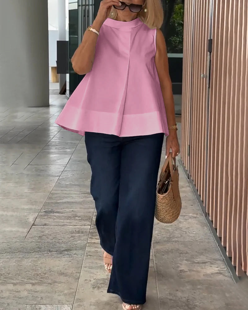 Ärmellose Unifarbene Einfache Bluse