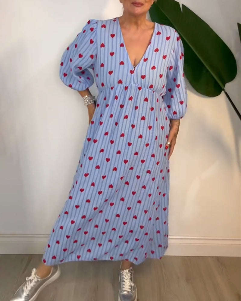 Elegantes V-Ausschnitt Herz Druck Kleid
