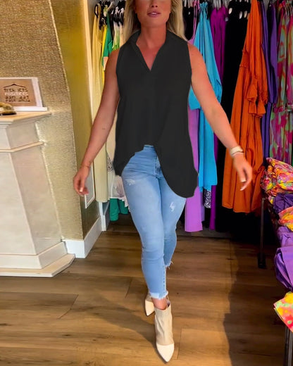 Ärmelloses Top mit Revers und Raffung