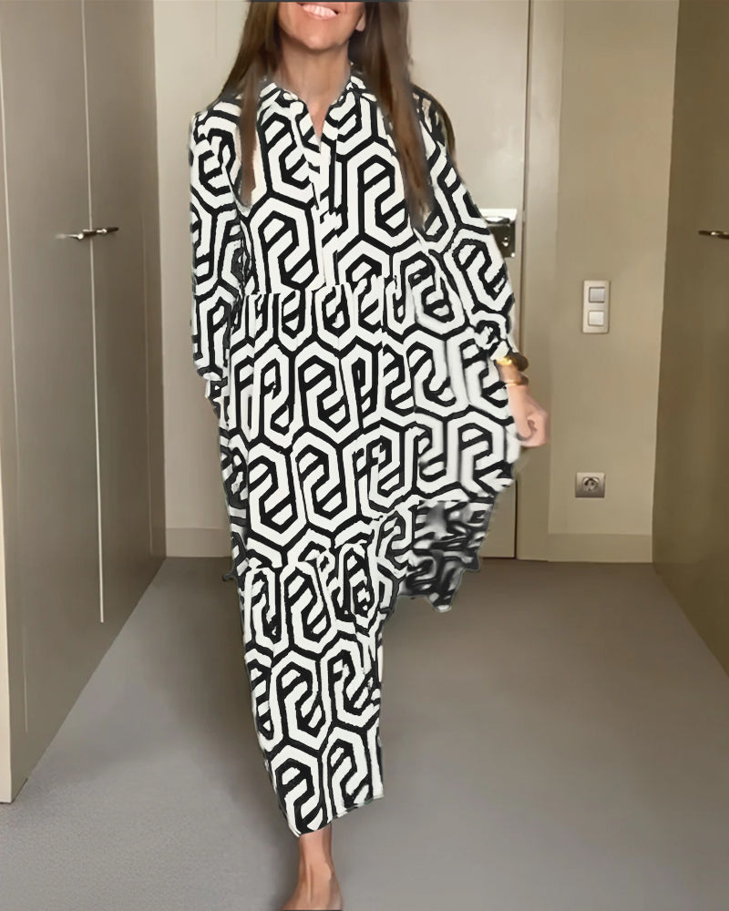 Geometrisches Druck Kleid mit Neun Punkten Ärmel