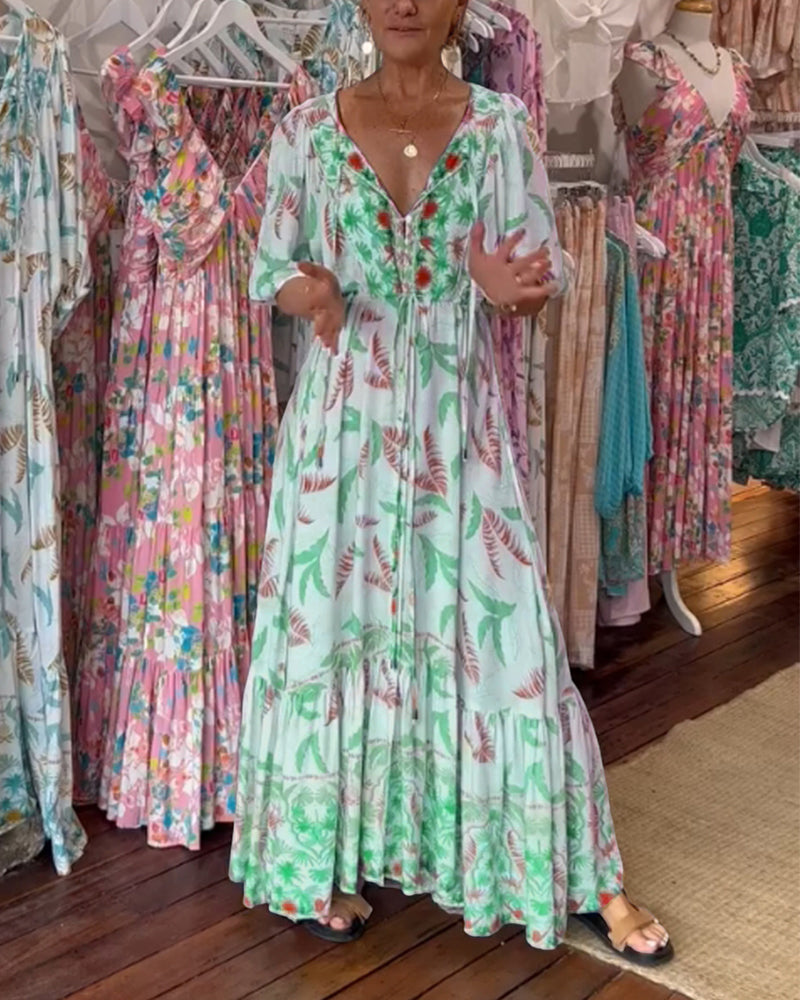 Damen Maxikleid mit V-Ausschnitt und Blattdruck