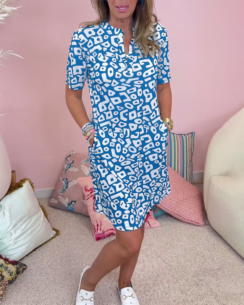 Bedrucktes Casual-Kleid mit V-Ausschnitt und Taschen