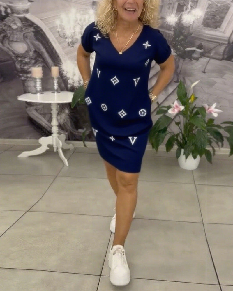 Mode V-Ausschnitt Kurzarmkleid