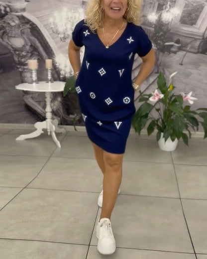 Mode V-Ausschnitt Kurzarmkleid