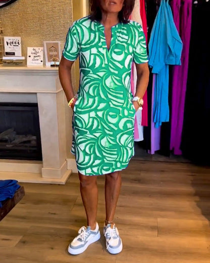 Lässiges Kurzarmbedrucktes Kleid