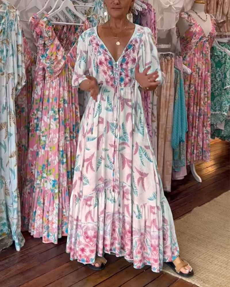 Damen Maxikleid mit V-Ausschnitt und Blattdruck