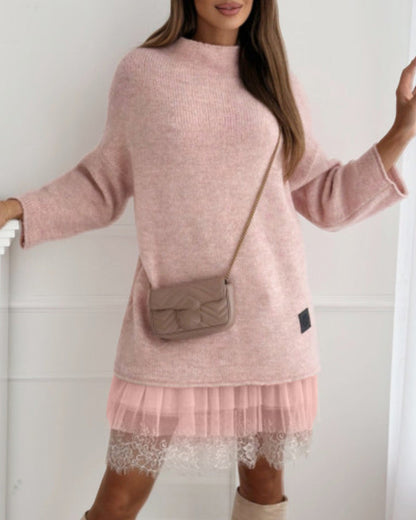 Lässiger einfarbiger Pullover mit hohem Kragen und Netzkleid-Set