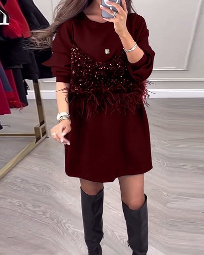 Mode einfarbig Pailletten Feder Patchwork Kleid