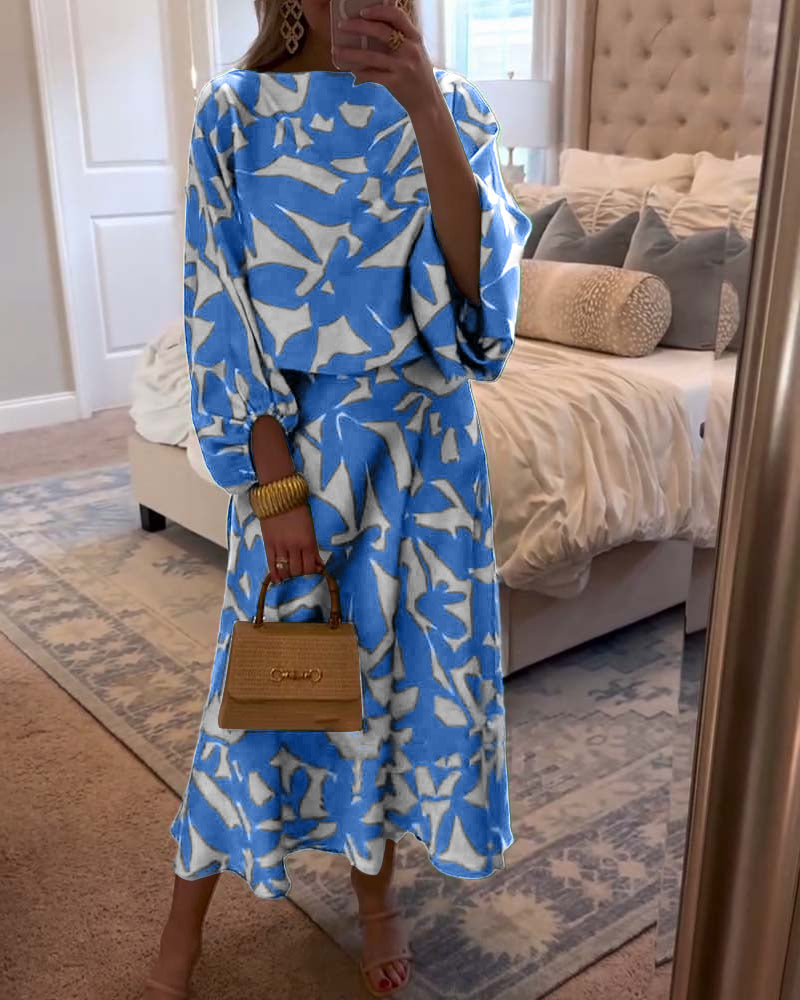 Temperament Gedruckte Laternenärmel Freizeitkleid Set