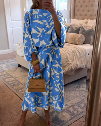 Temperament Gedruckte Laternenärmel Freizeitkleid Set